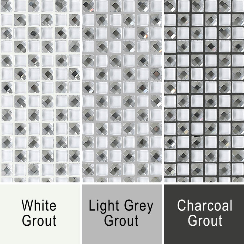 Grout image for Jewel White. Image shows the white mosaic against white, grey and dark grey grout