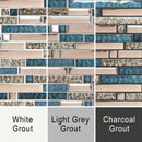 Grout image for Niagara mosaic showing the tiles against white, grey and dark grey grout