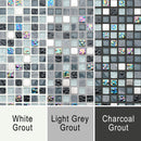 Grout image for Petrol Marble Mix showing how white, grey or dark grey grout can change the overall mosaic appearance