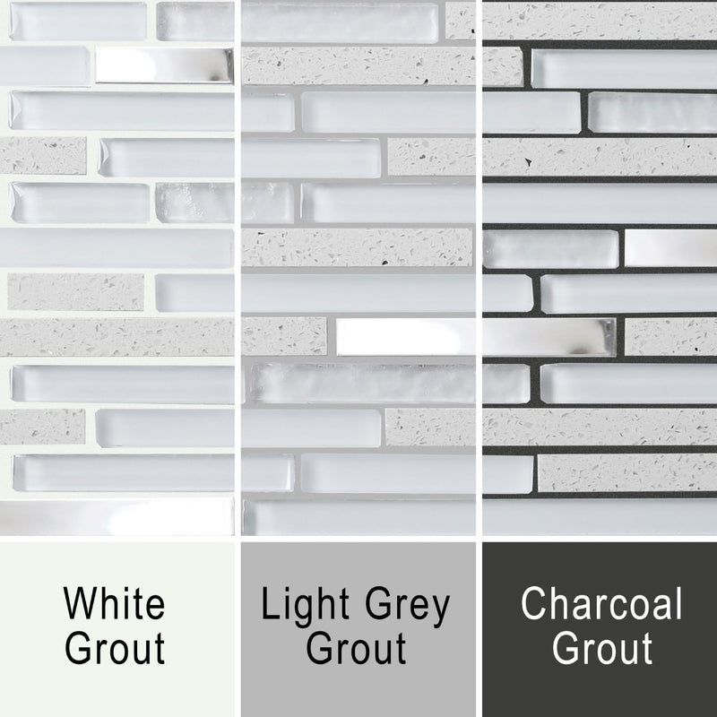 Quartz Linear grout image showing the mosaic against white, grey and dark grey grout