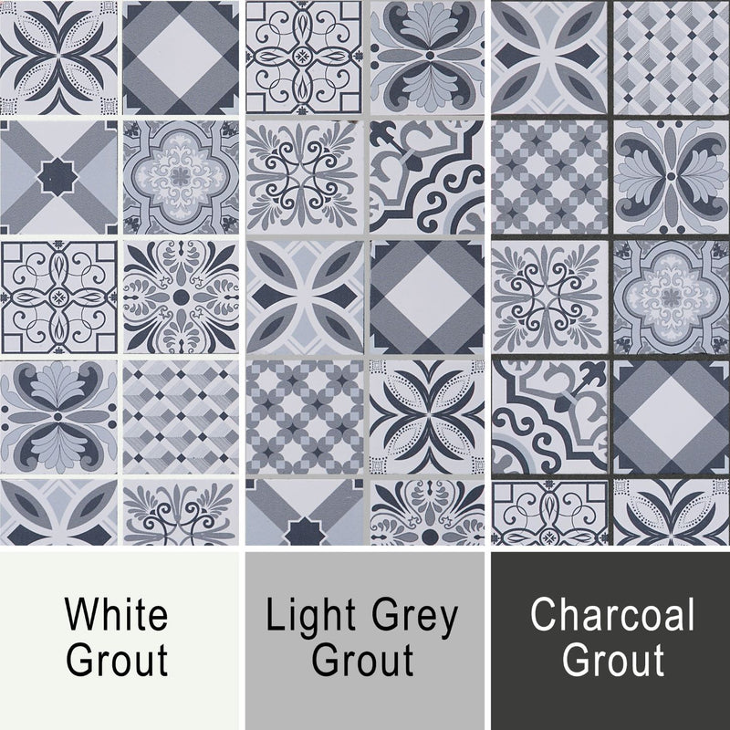 3D Spiro Grout image showing the tiles against white, grey and dark grey grout