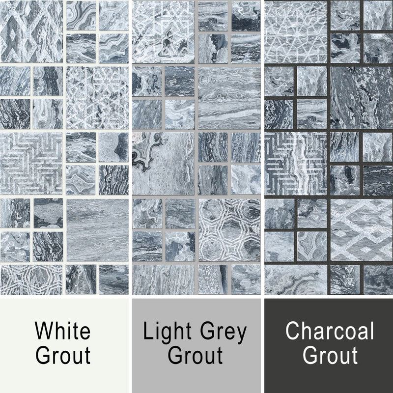 Grout image for Stone Etch mosaic shoiwng the tiles against white, grey and dark grey grout
