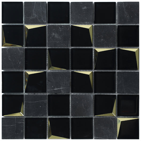 Venice Black Luxe mosaic tile sheet product image showing Black Marquina tile and reflective glass pieces