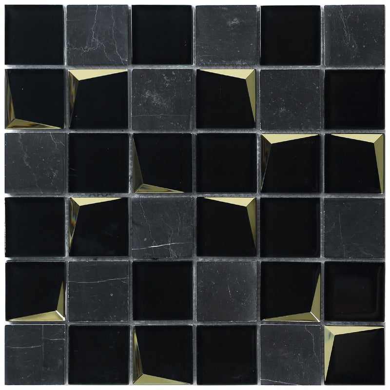 Venice Black Luxe mosaic tile sheet product image showing Black Marquina tile and reflective glass pieces