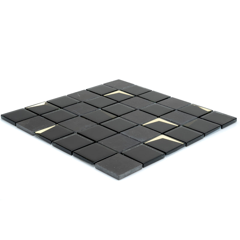 Venice Black mosaic tile sheet shown from the side, to show the thickness of the tile.