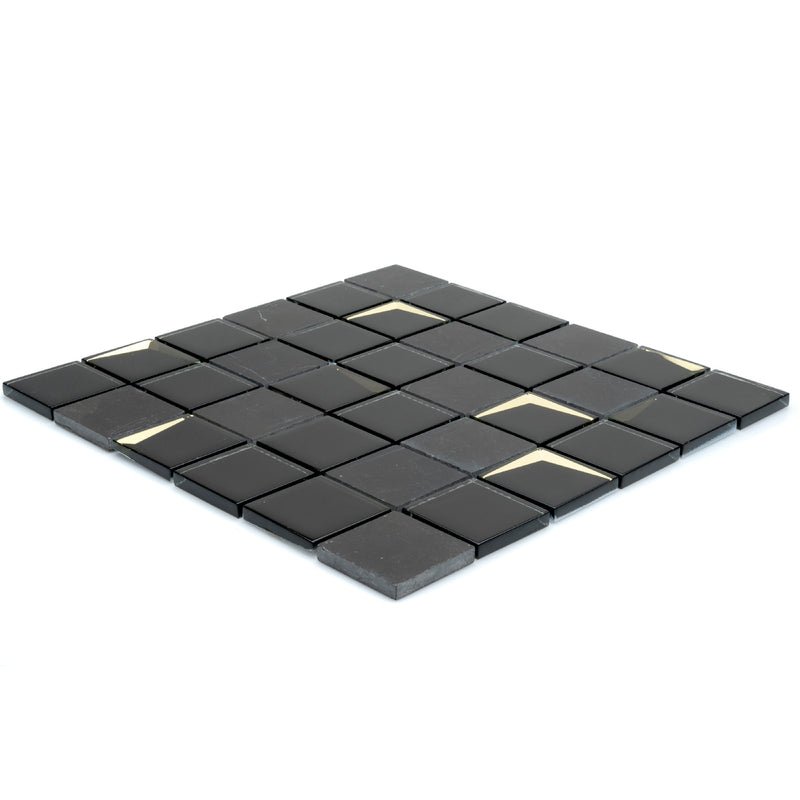Venice Black mosaic tile sheet shown from the side, to show the thickness of the tile.