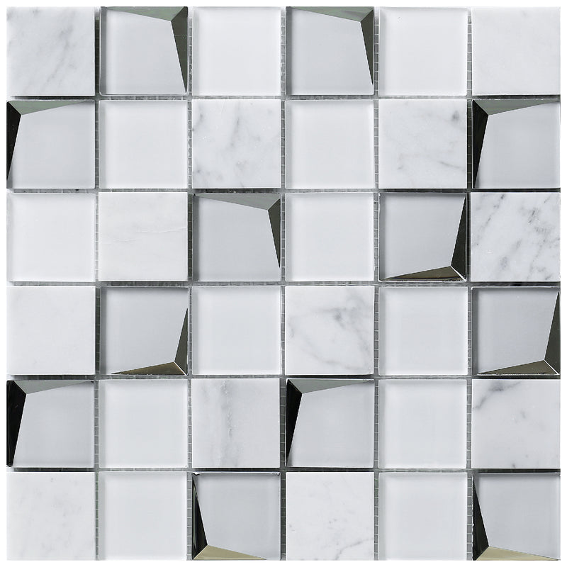 Venice white luxe mosaic tile sheet with white marbled and glass reflective pieces