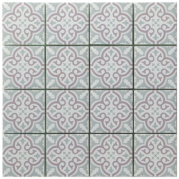Florista Blush mosaic tile 4 x 4 format with pink and grey floral pattern
