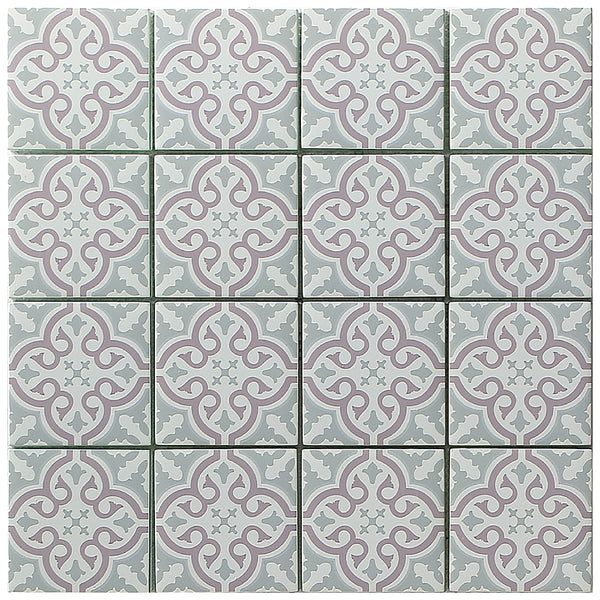 Florista Blush mosaic tile 4 x 4 format with pink and grey floral pattern