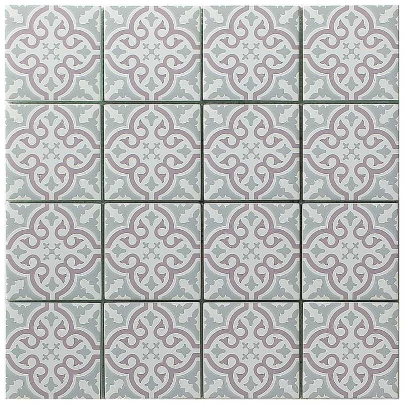 Florista Blush mosaic tile 4 x 4 format with pink and grey floral pattern